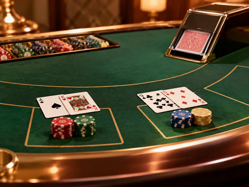 Dua area kartu dan keping pada meja baccarat