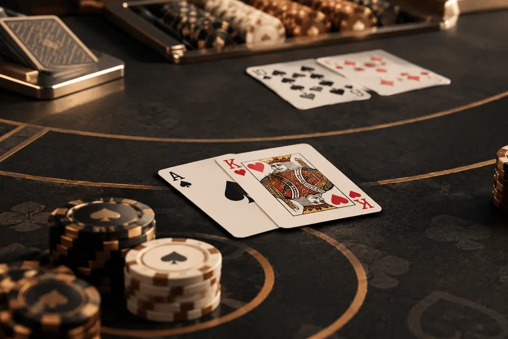 Kartu remi dan keping di atas meja permainan blackjack